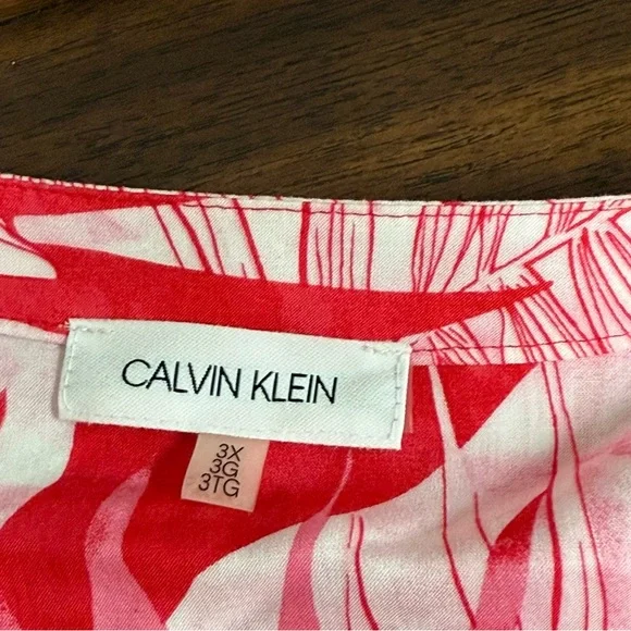 Calvin Klein 3X Pink Leaf Print Button Blouse | Tropical Resort Cruise Top - Picture 5 of 8